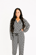 Black Checkered Women's Button Up Long Sleeve Set