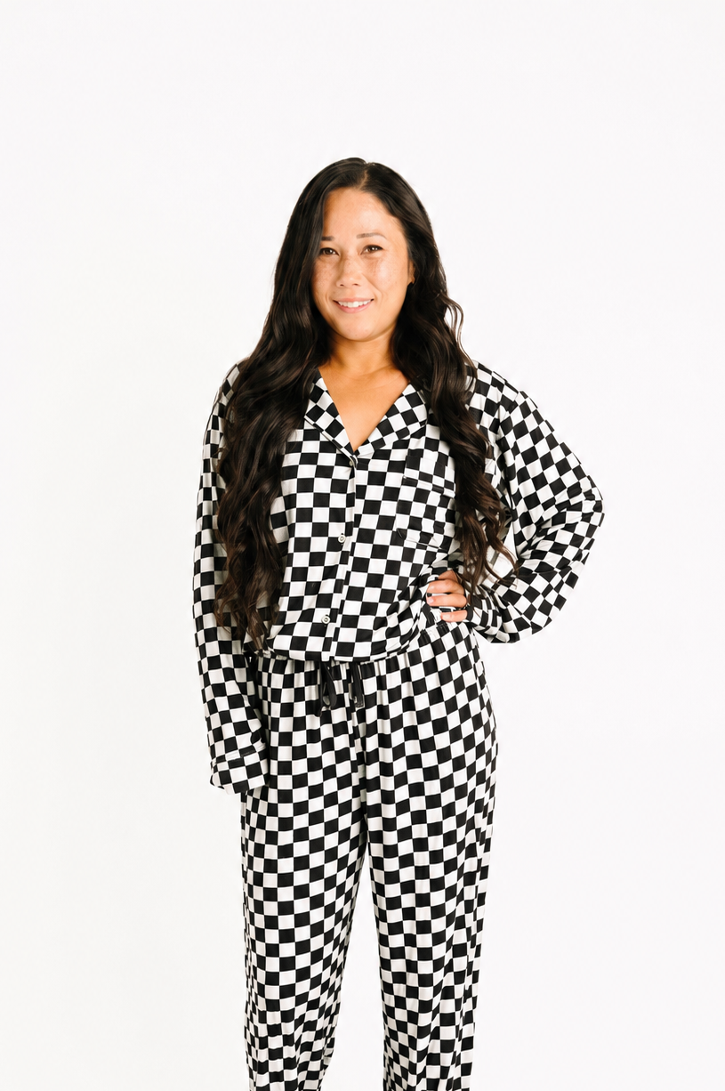 Black Checkered Women's Button Up Long Sleeve Set