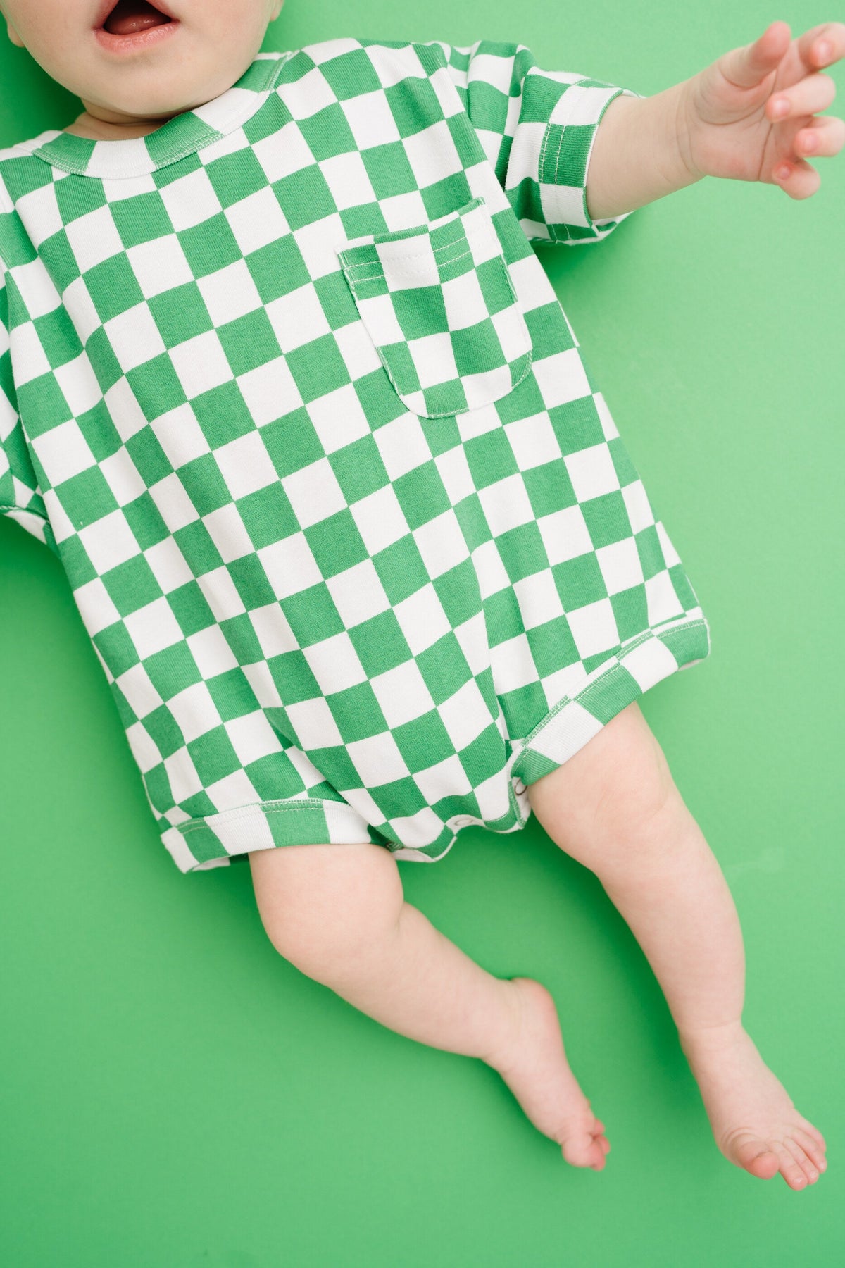 Green Checkered Pocket Romper