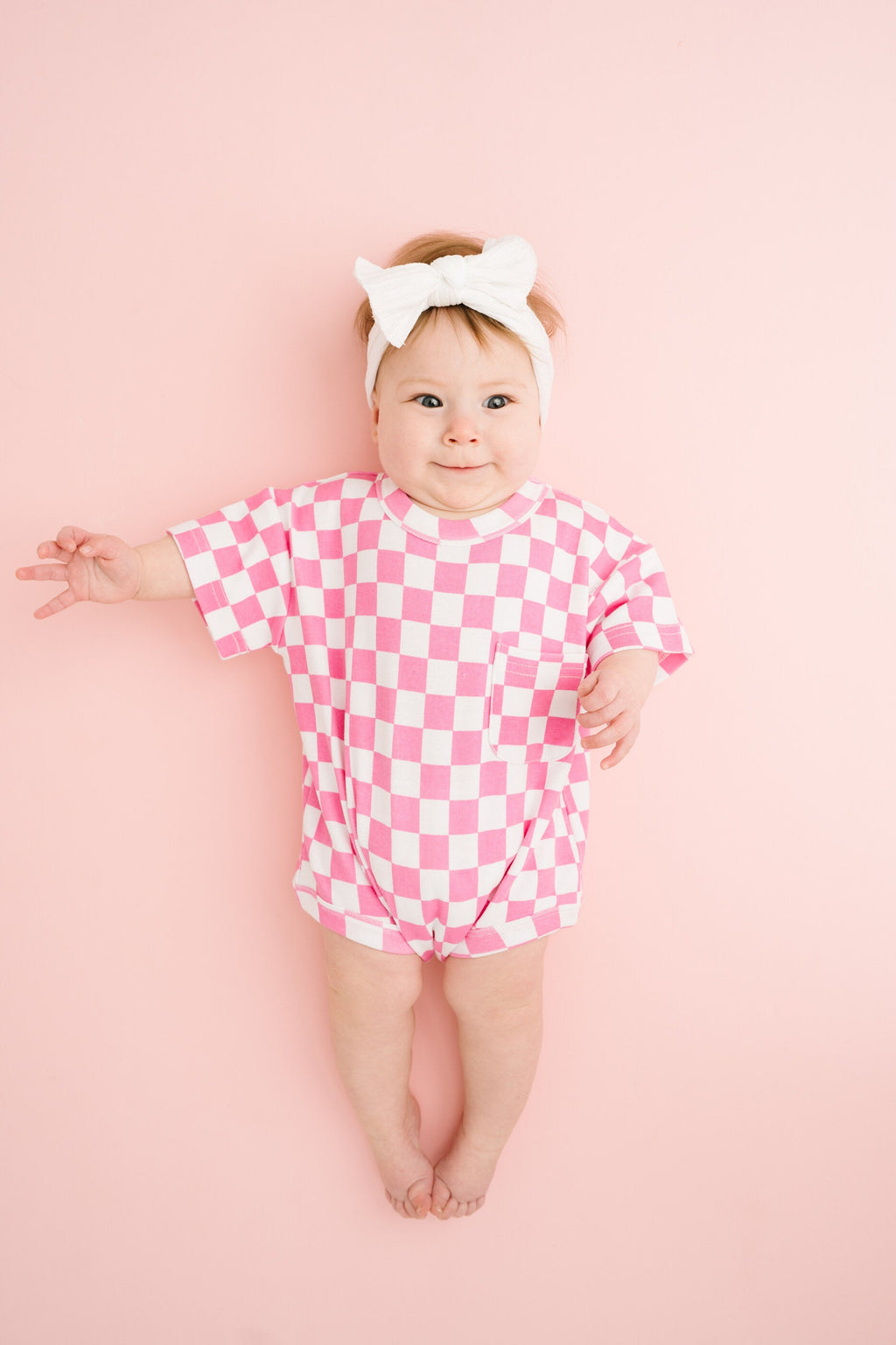 Pink Checkered Pocket Romper