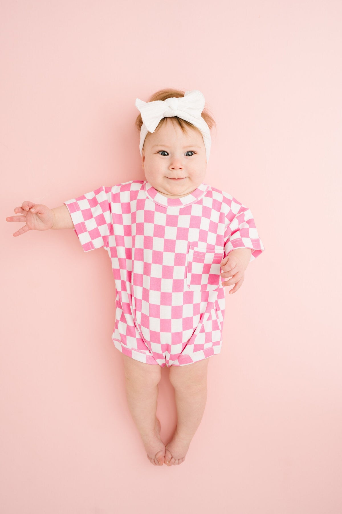 Pink Checkered Pocket Romper