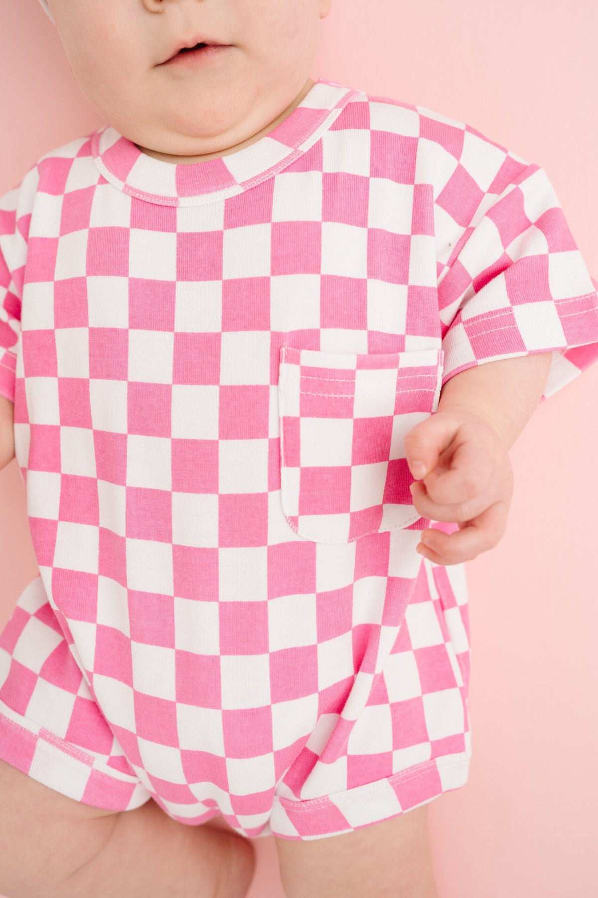Pink Checkered Pocket Romper