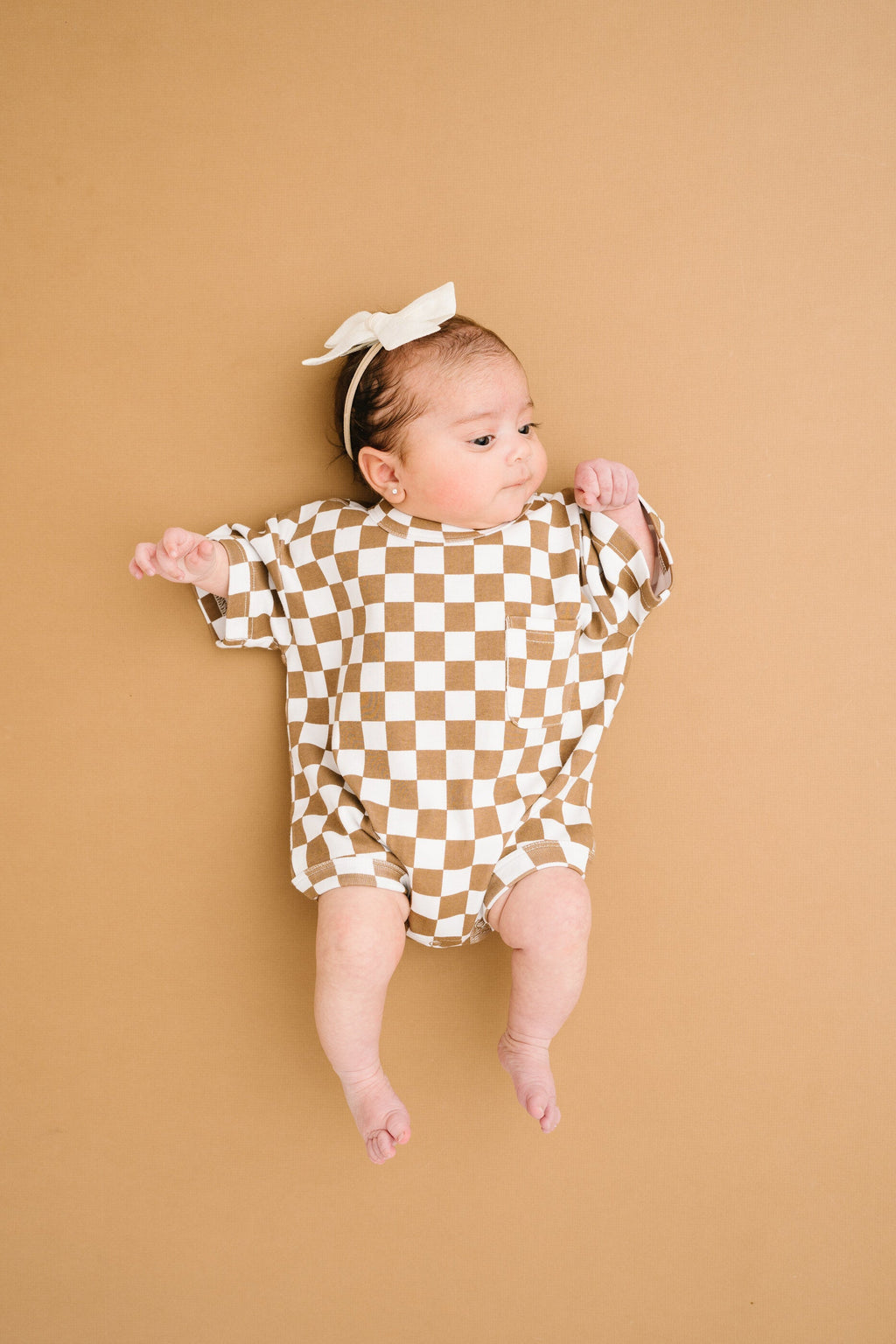 Brown Checkered Pocket Romper