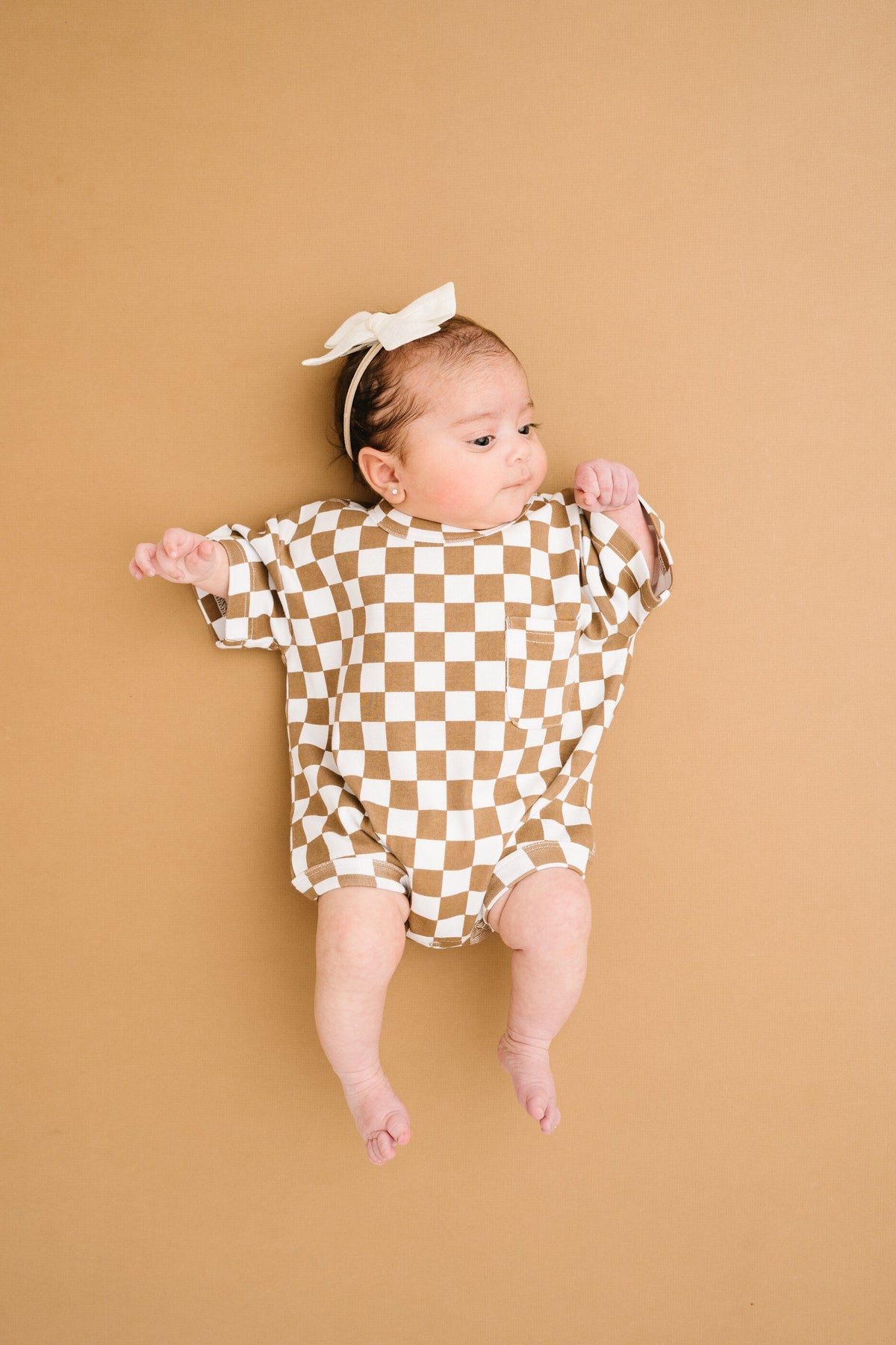 Brown Checkered Pocket Romper