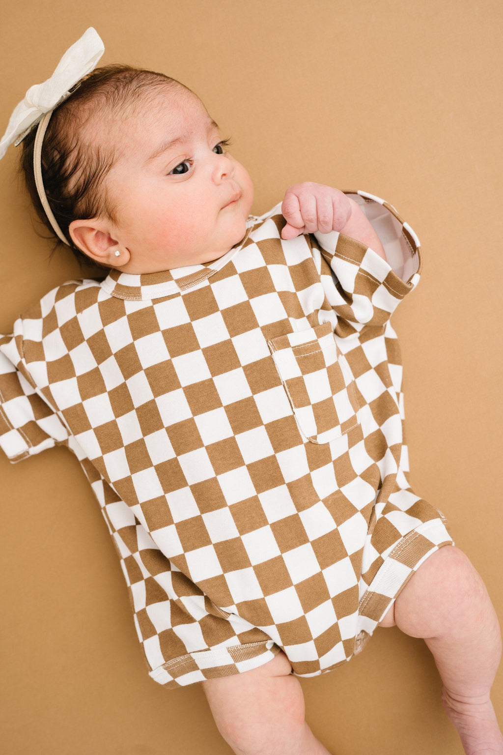 Brown Checkered Pocket Romper