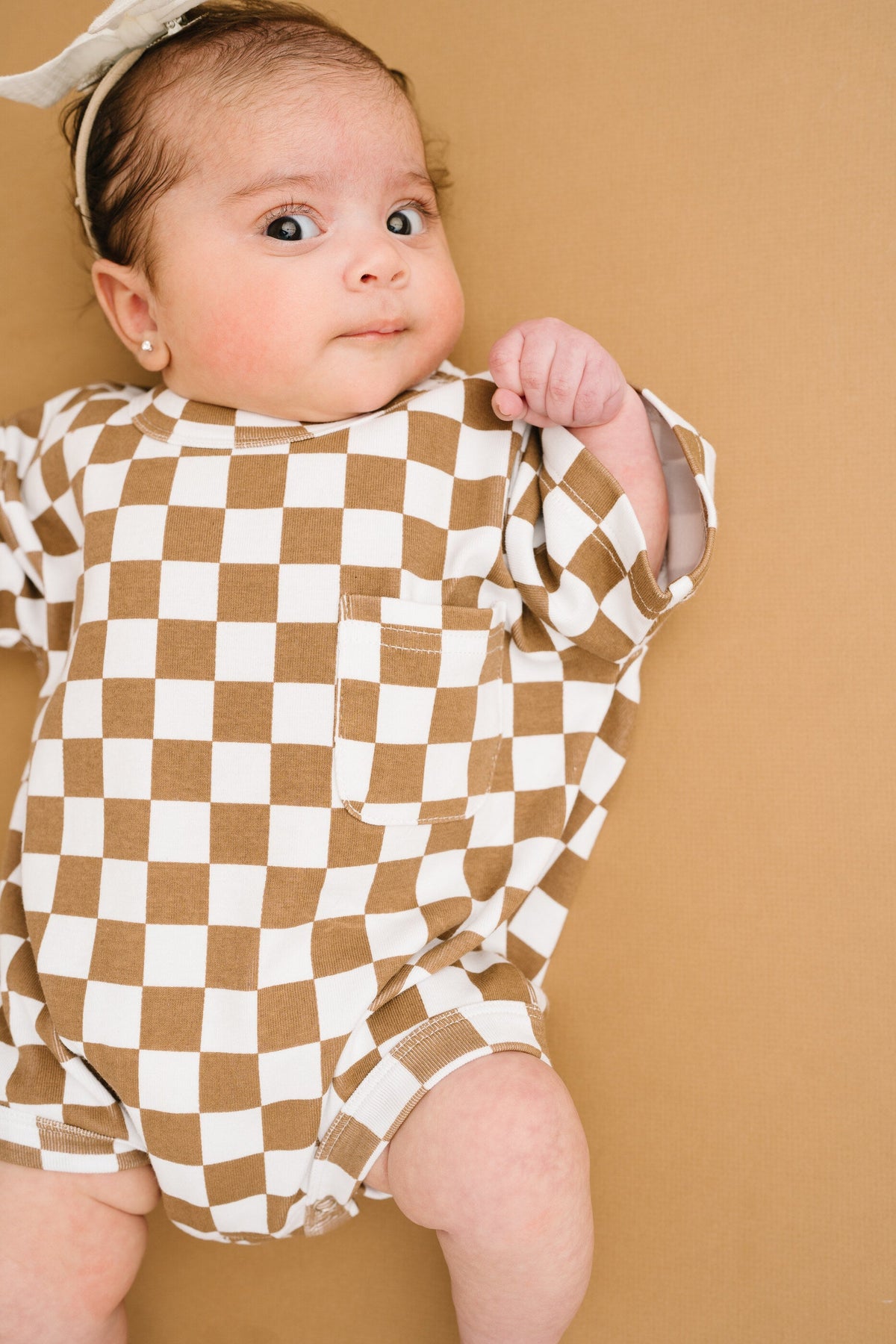 Brown Checkered Pocket Romper