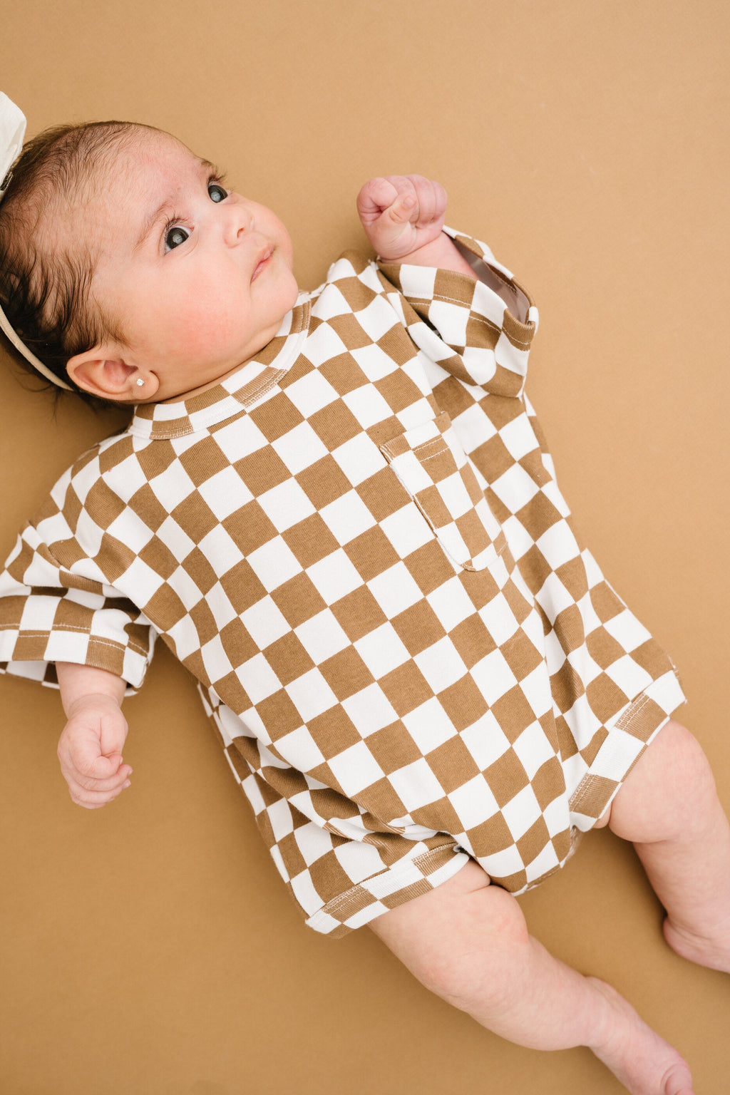 Brown Checkered Pocket Romper