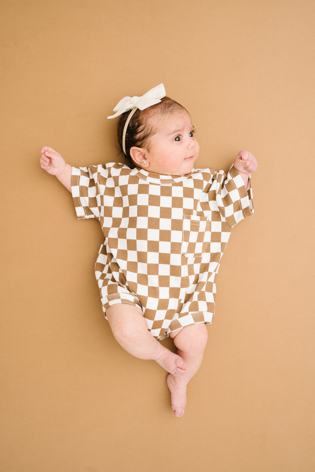 Brown Checkered Pocket Romper