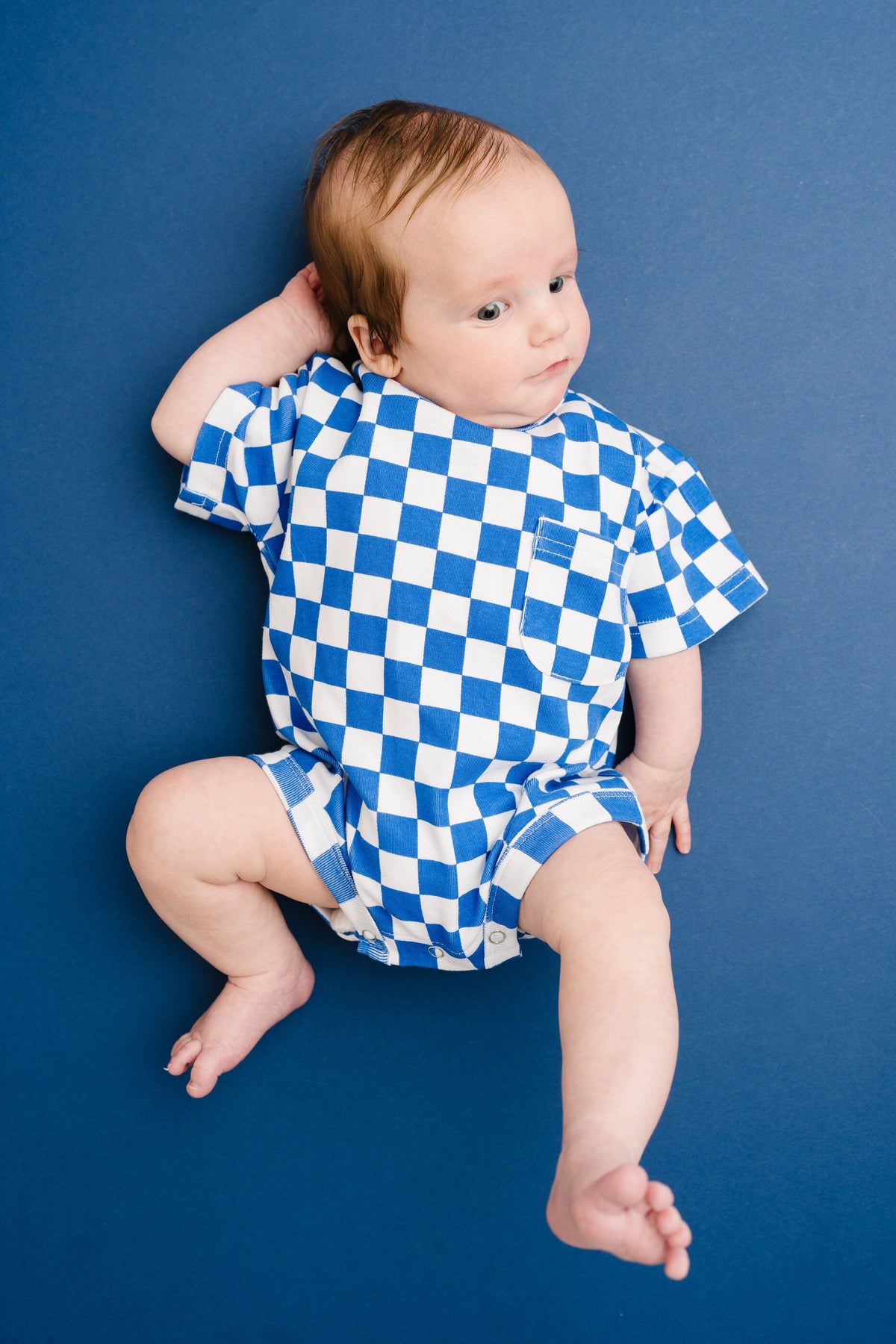 Blue Checkered Pocket Romper